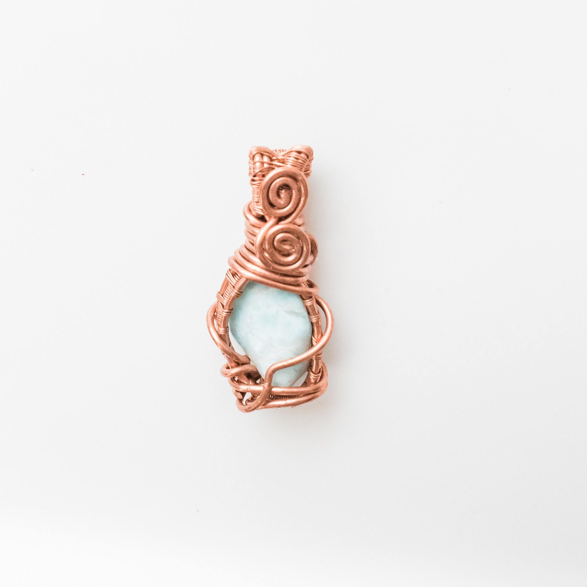 Laguna Collection - Larimar Pendant weaved in Antique Copper - front view - BellaChel Jeweler