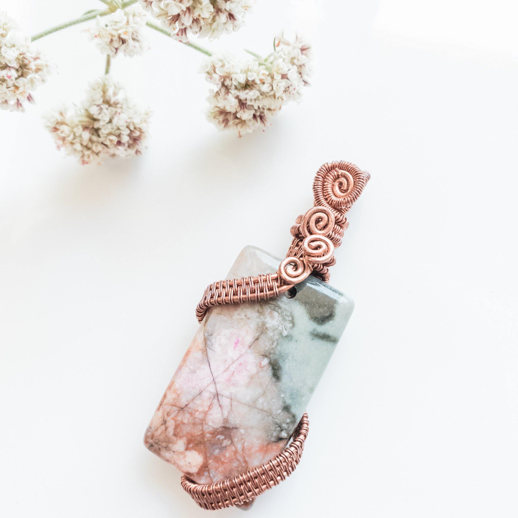 Gorgeous Rhodonite Pendant designed in Antique Copper front view of Luxury Necklace - BellaChel Jeweler