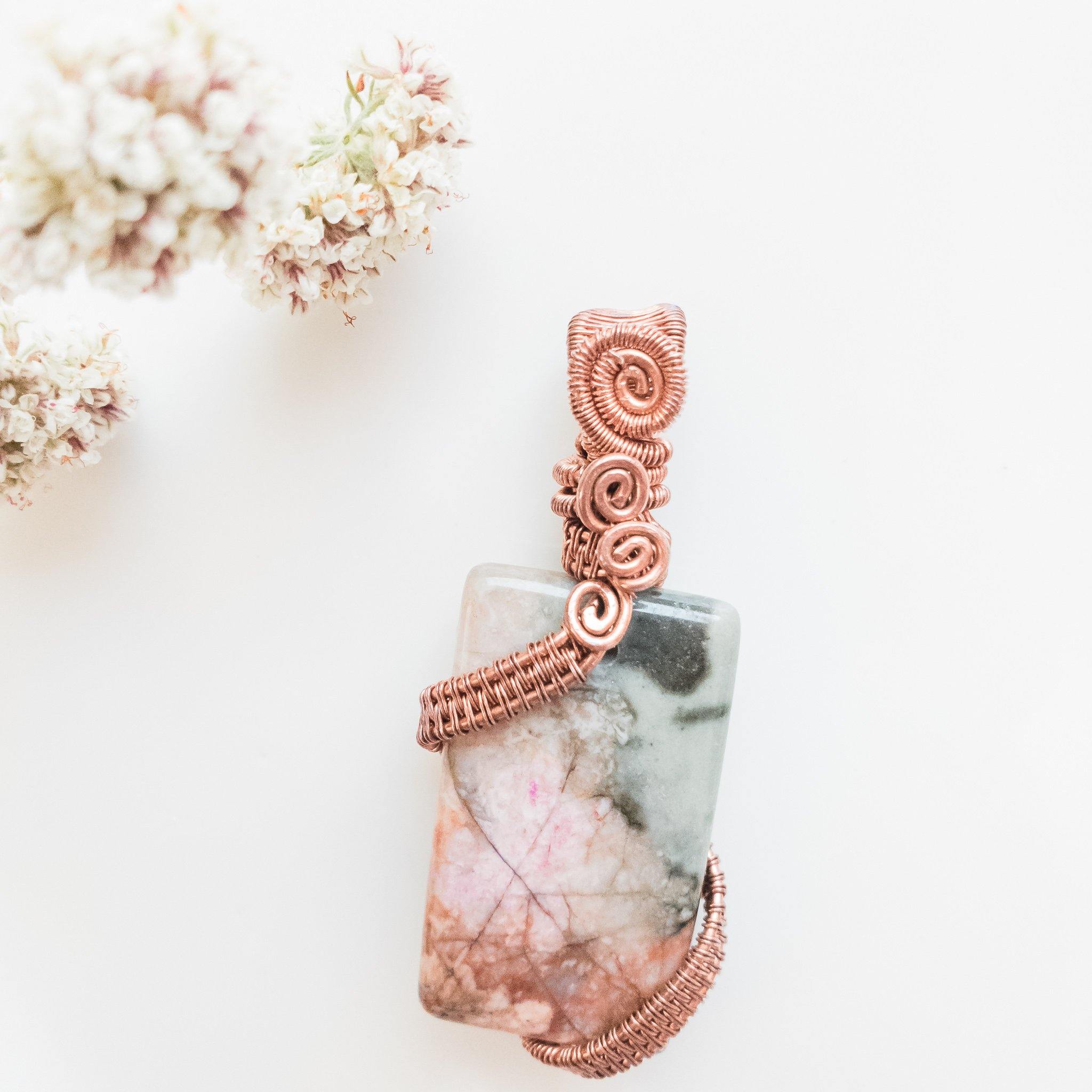 Magnolia Collection - Beautiful and Feminine Rhodonite Pendant designed in Antique Copper - front view - BellaChel Jeweler