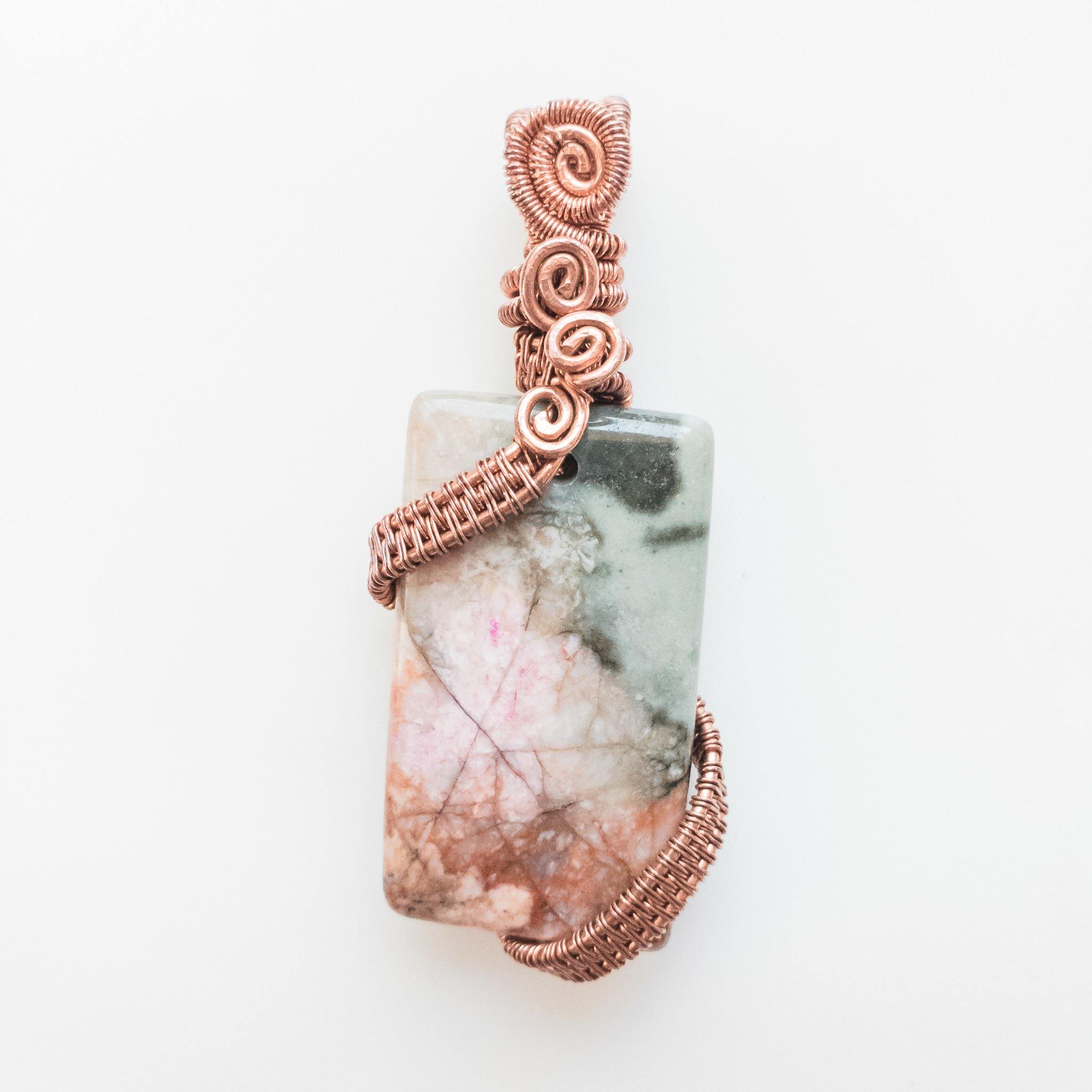 Magnolia Collection~ Rhodonite Pendant Necklace designed in Antique Copper - front view - BellaChel Jeweler