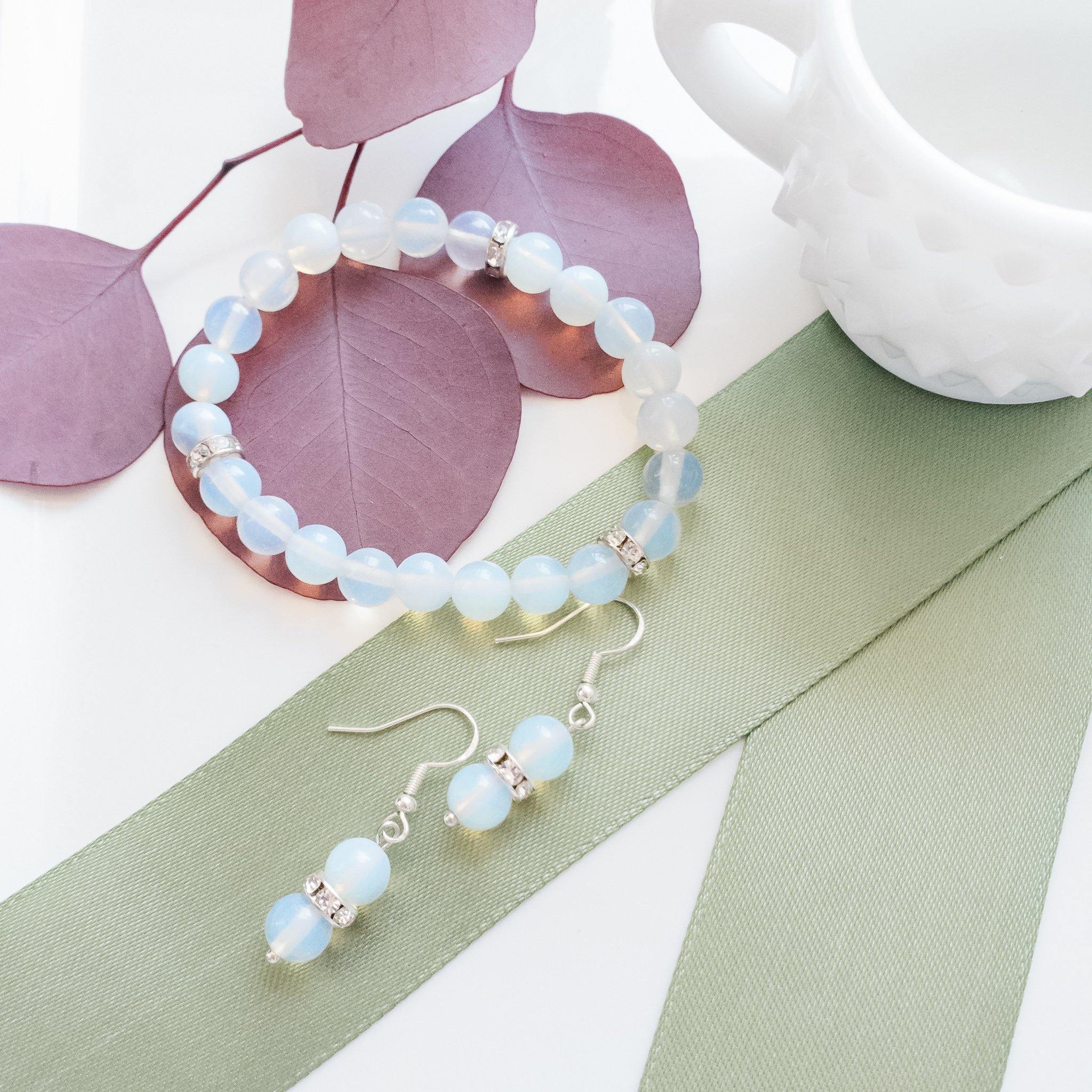 Celestial Collection - Beautiful Opalite Bracelet and Dangle Earrings with Cubic Zirconia Accents - top view - BellaChel Jeweler
