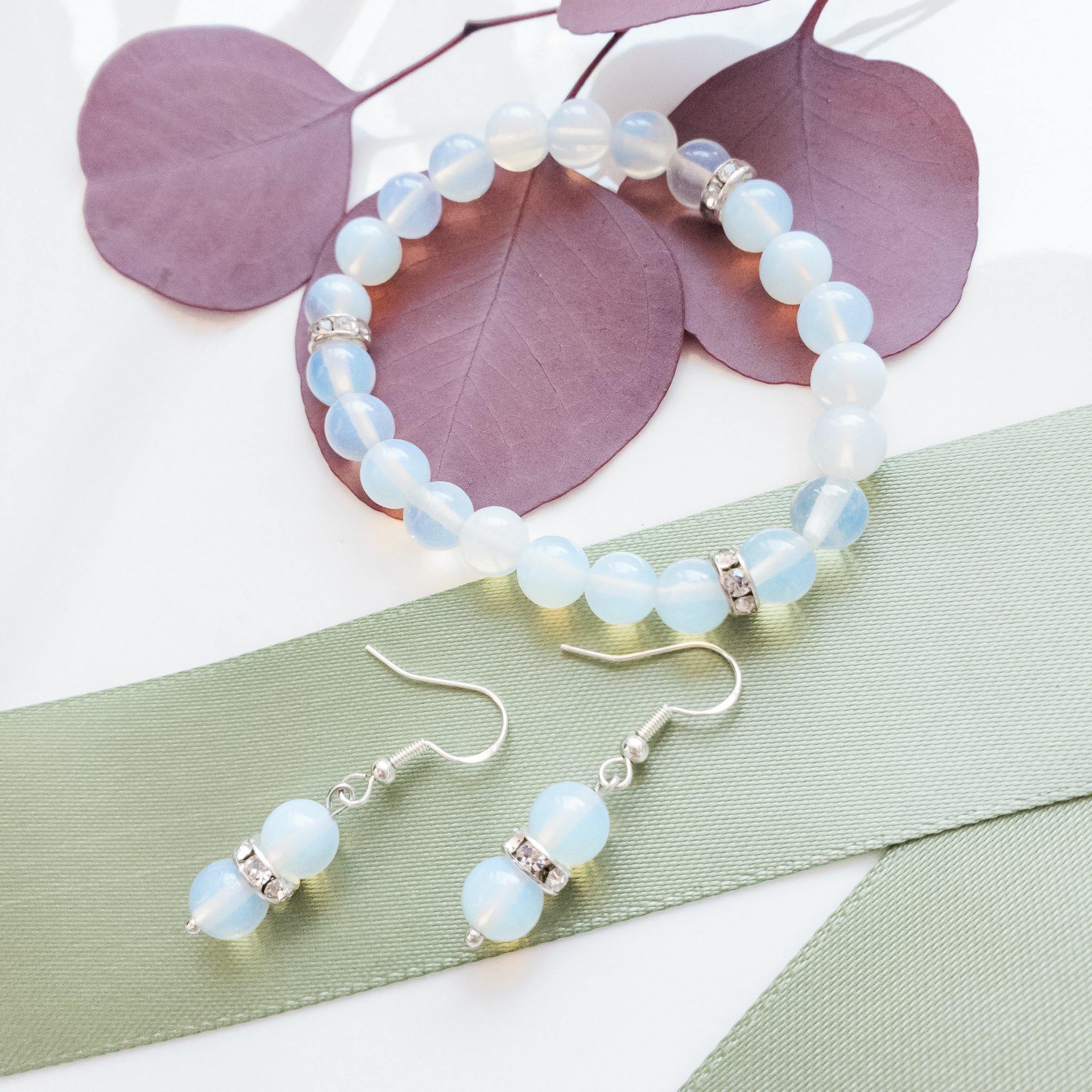 Elegant Opalite Bracelet and dangle Earrings with Cubic Zirconia Accents - front view - BellaChel Jeweler