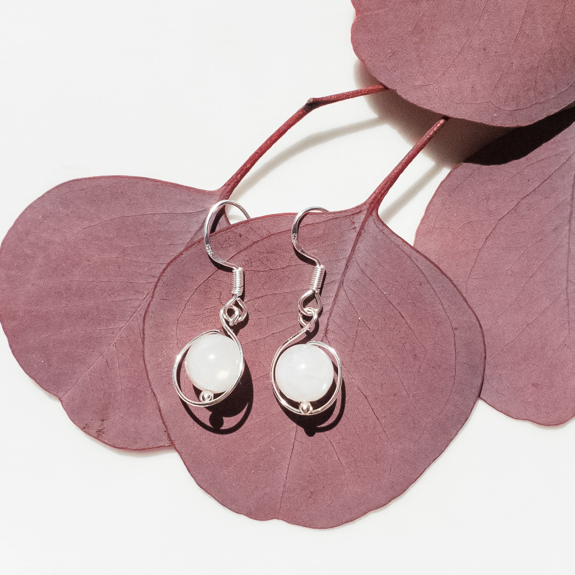 Celestial Collection - Moonstone Earrings in Sterling Silver - Close-up View - BellaChel Jeweler