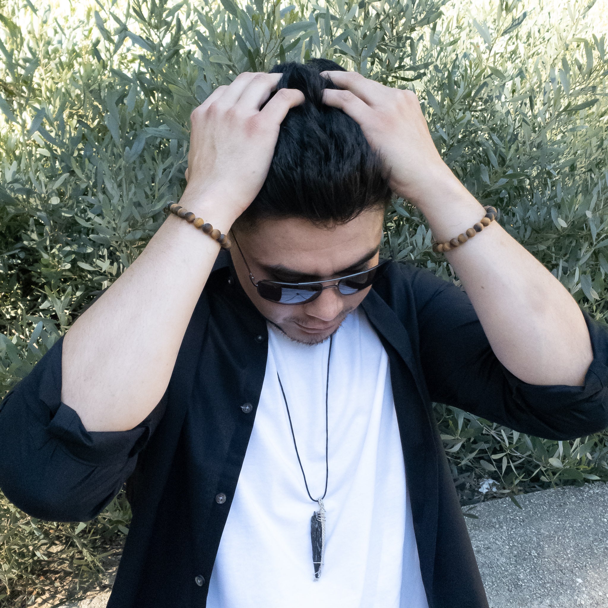 Viking Collection - Male model wearing Tiger Eye Bracelets matte finish - BellaChel Jeweler