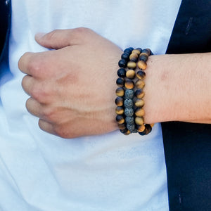 Bracelet Collection - Shown on a model wearing 3 different Tiger Eye Bracelets with matte finish, sold separately - BellaChel Jeweler