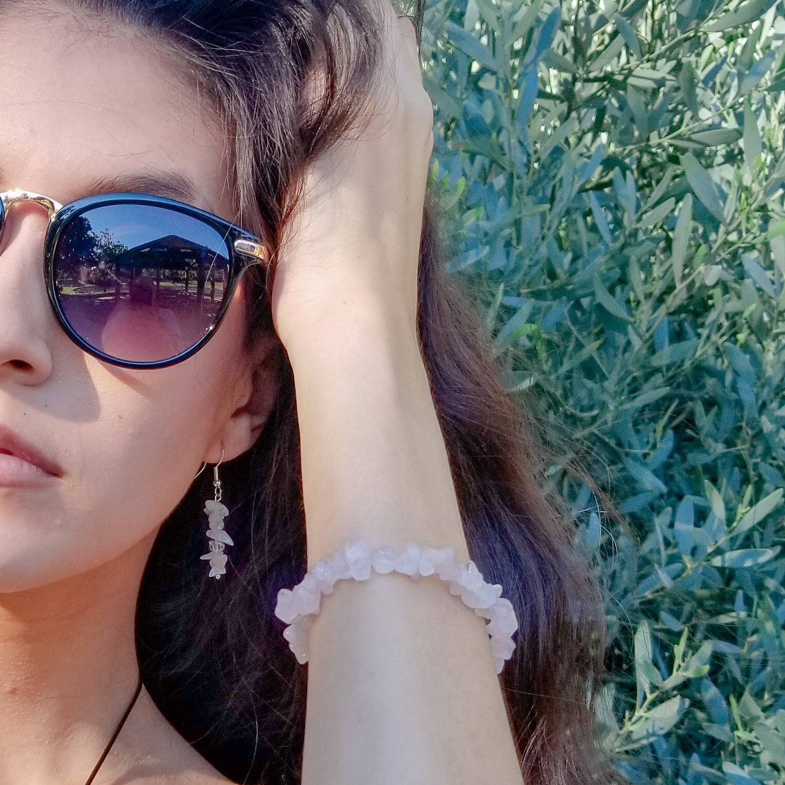 Magnolia Collection - Real Rose Quartz Bracelet and Earrings - on a model - BellaChel Jeweler