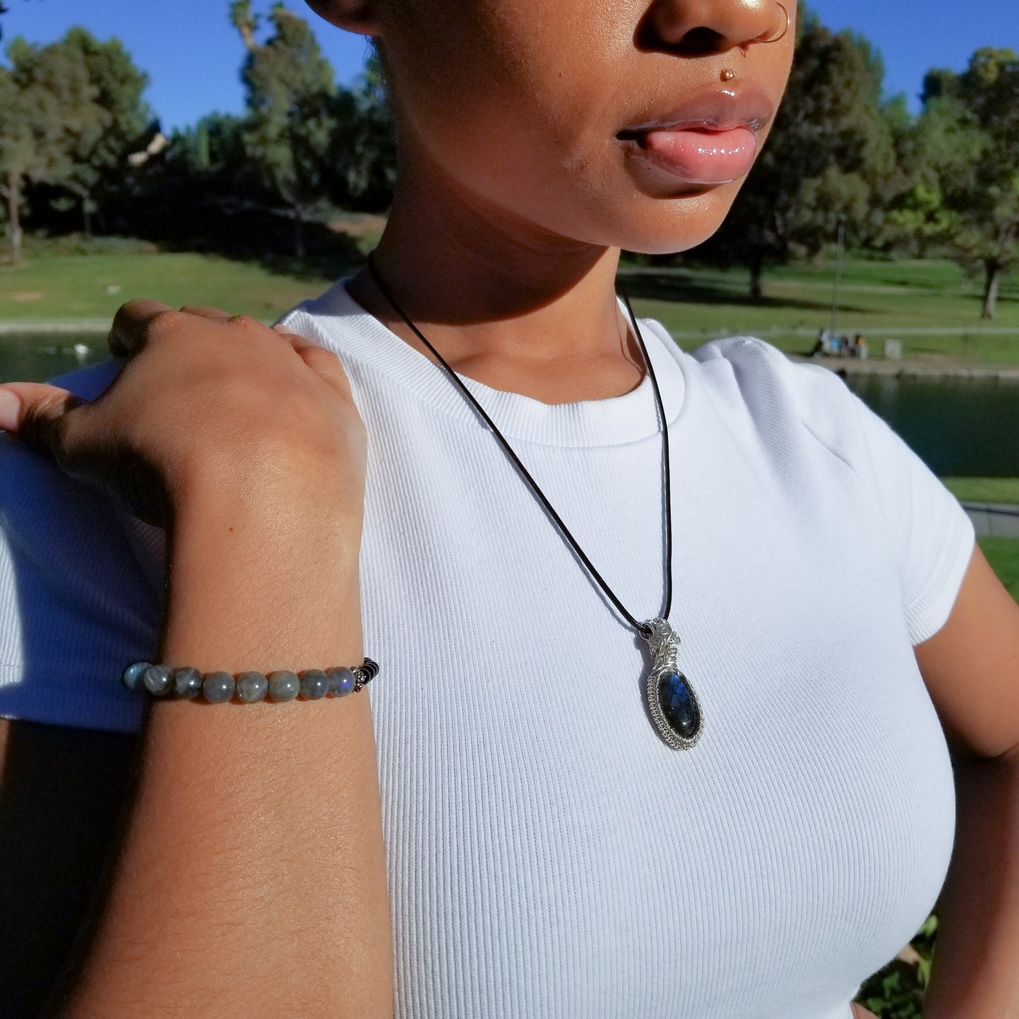 Real Labradorite Pendant weaved in Sterling Silver on a model with Labradorite Bracelet, sold separately  - BellaChel Jeweler