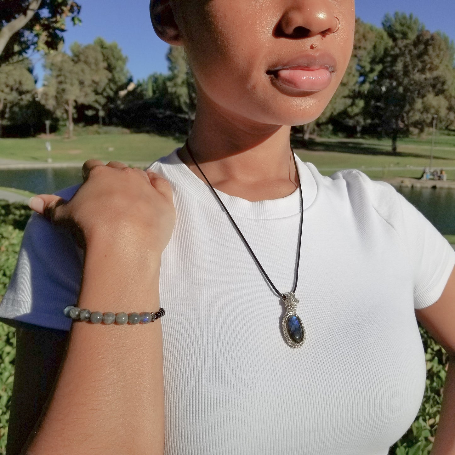 Labradorite Bracelet shown on model - BellaChel Jeweler