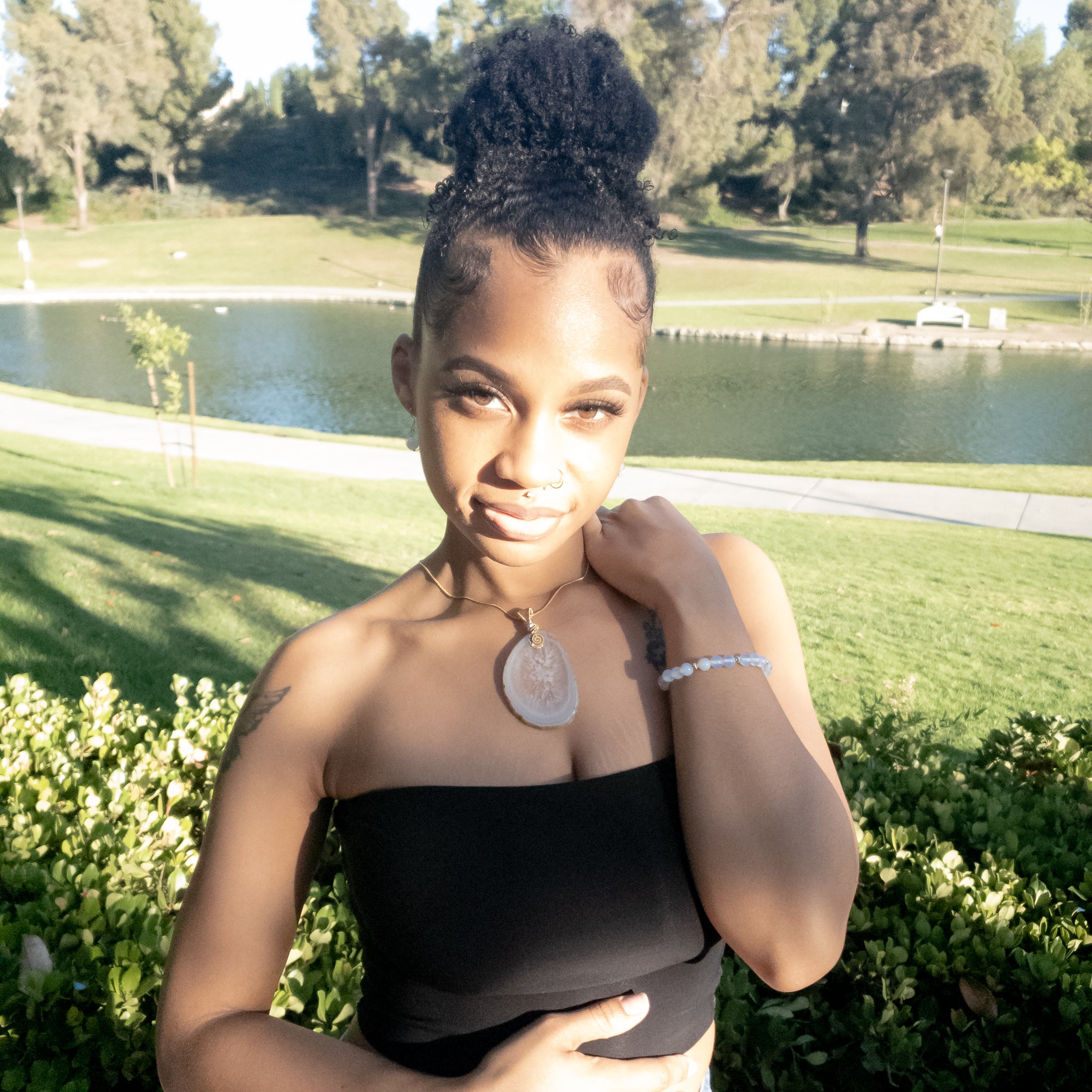 Celestial Collection - Model wearing Geode Necklace, Opalite Bracelet and Opalite Earrings, sold separately - BellaChel Jeweler