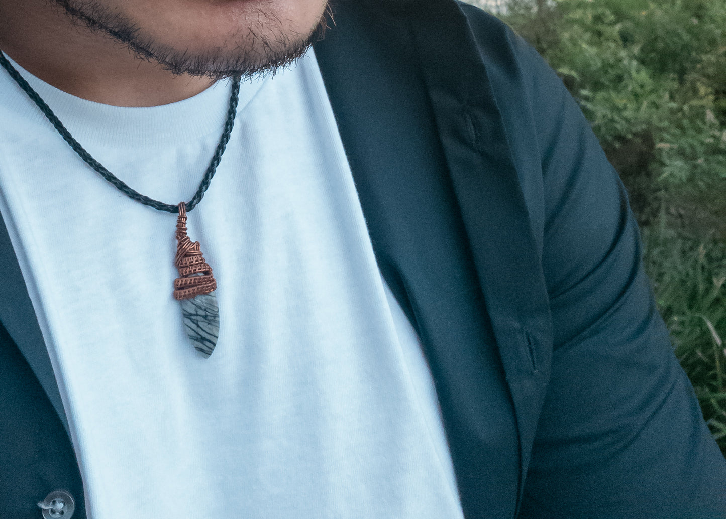 Spiderweb Jasper Crystal Men's Pendant in Antique Copper - on a male model - BellaChel Jeweler