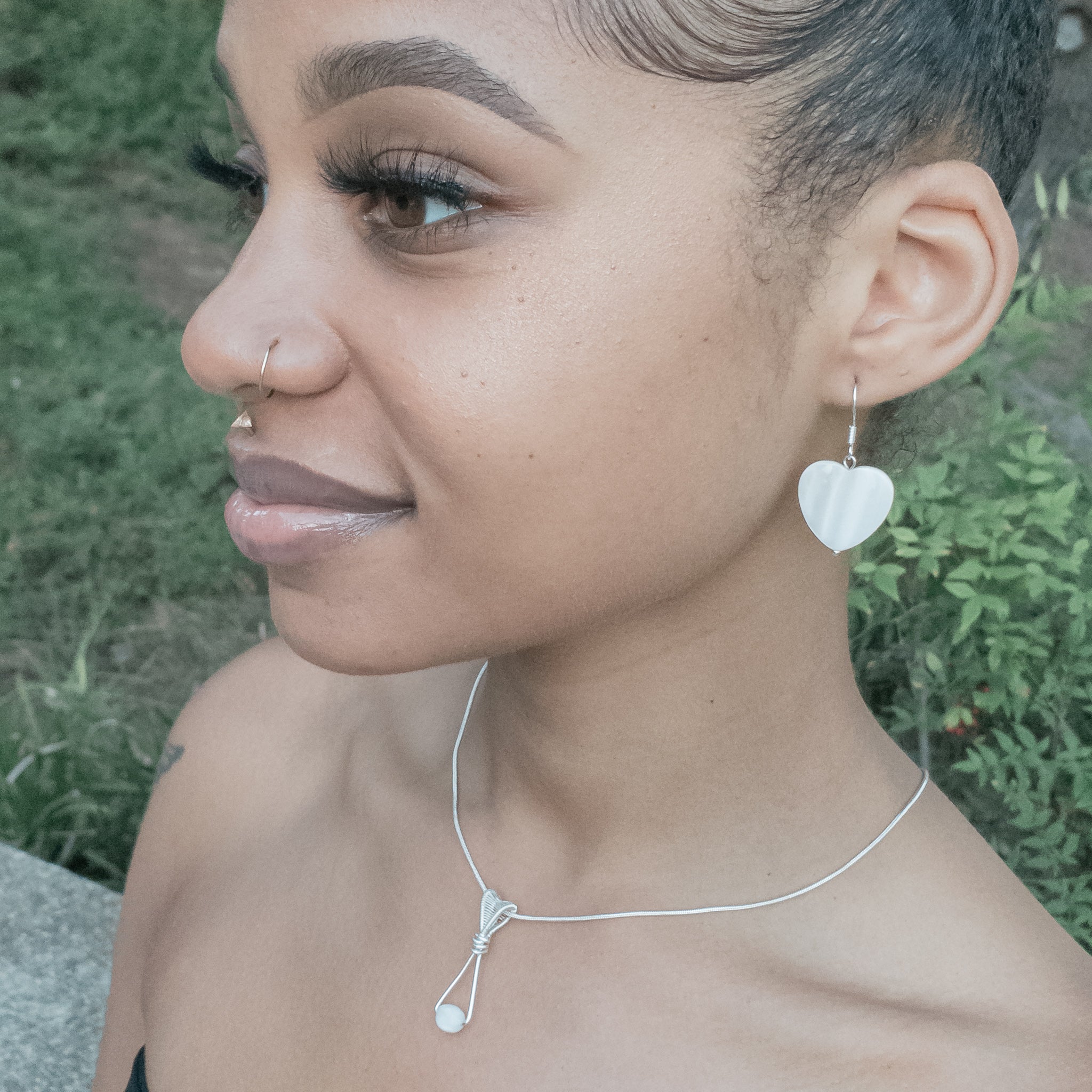 Mother of Pearl Earrings Sterling Silver - on a model - BellaChel Jeweler