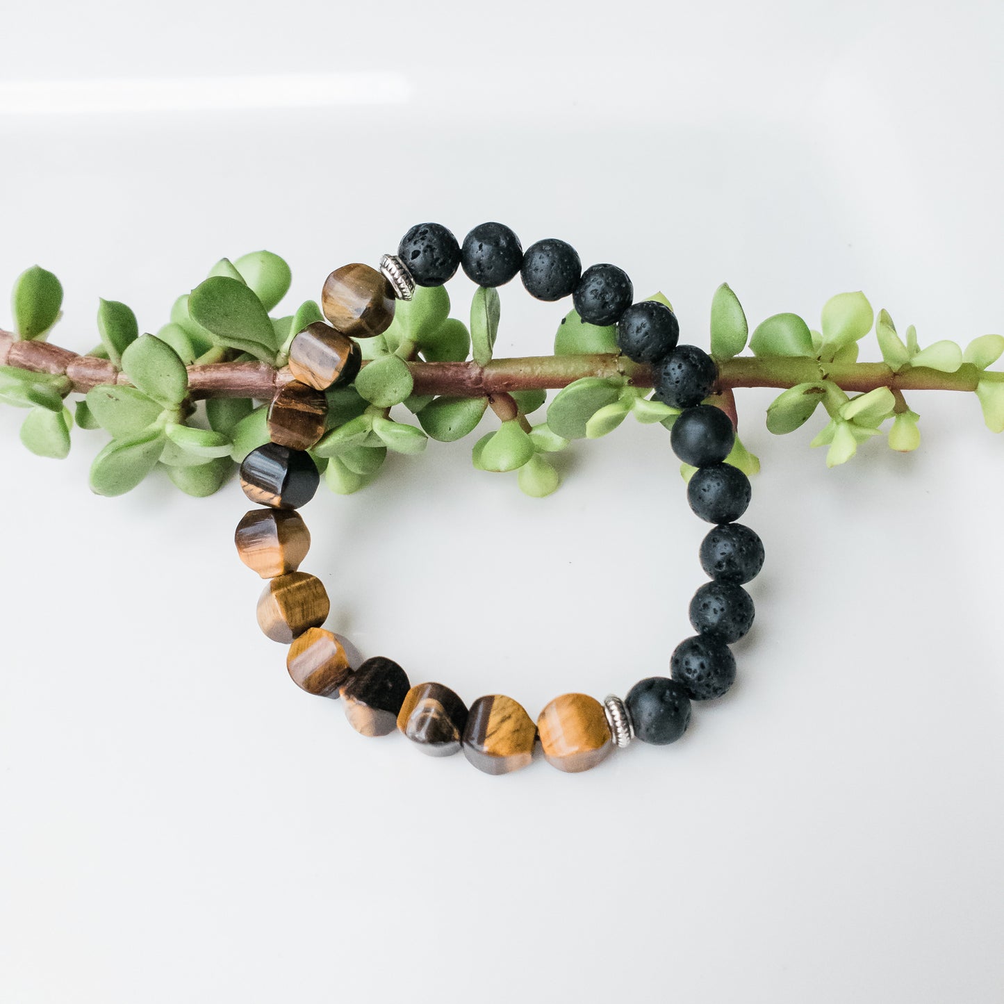 Viking Collection - Tiger Eye Cushion Bead & Lava Stone Bracelet, top view - BellaChel Jeweler