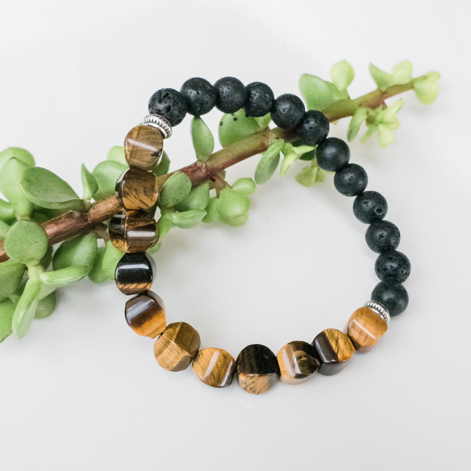 Tiger Eye Cushion Bead & Lava Stone Bracelet, up close view - BellaChel Jeweler