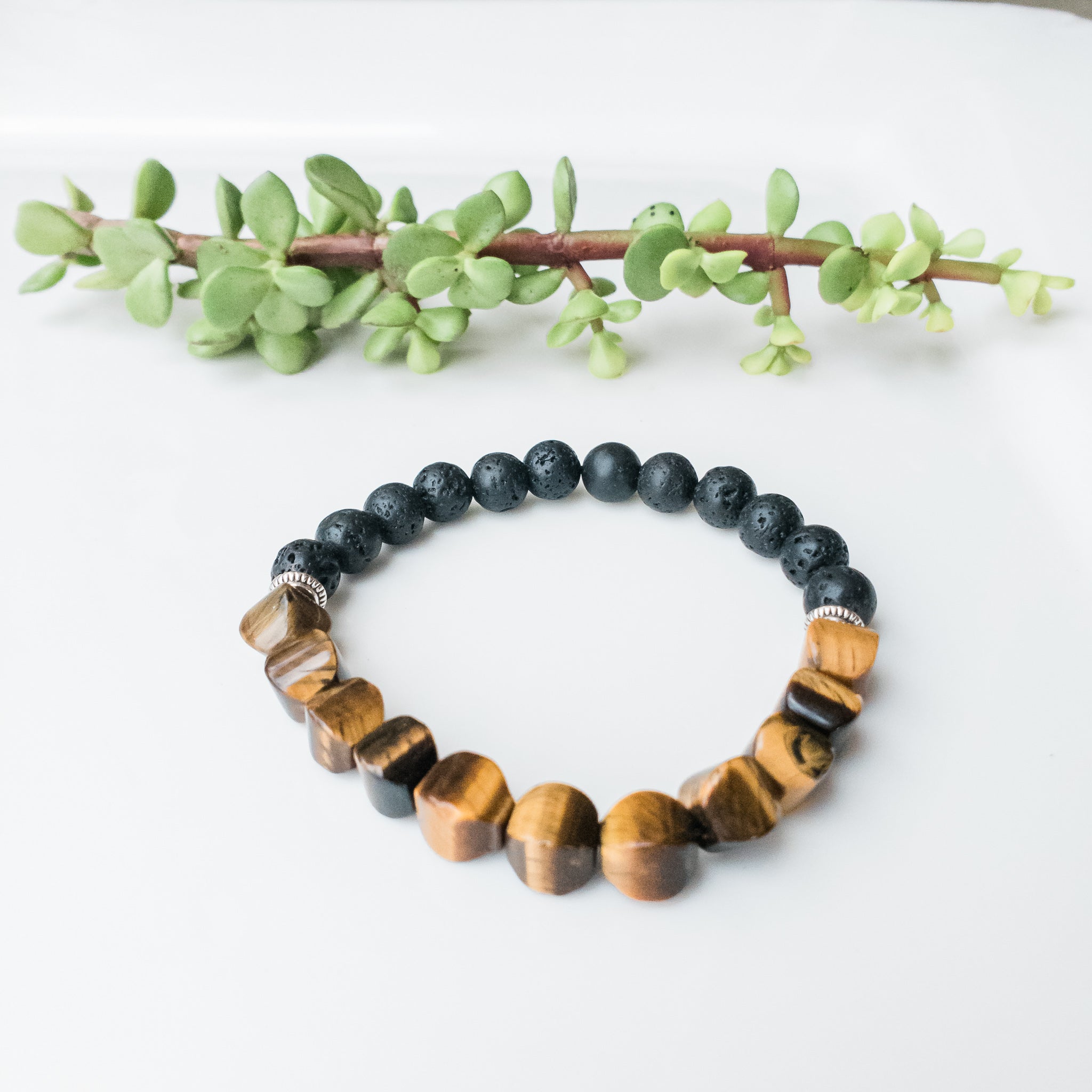 Viking Collection - Tiger Eye Cushion Bead & Lava Stone Bracelet, close up view - BellaChel Jeweler