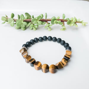 Viking Collection - Tiger Eye Cushion Bead & Lava Stone Bracelet, close up view - BellaChel Jeweler