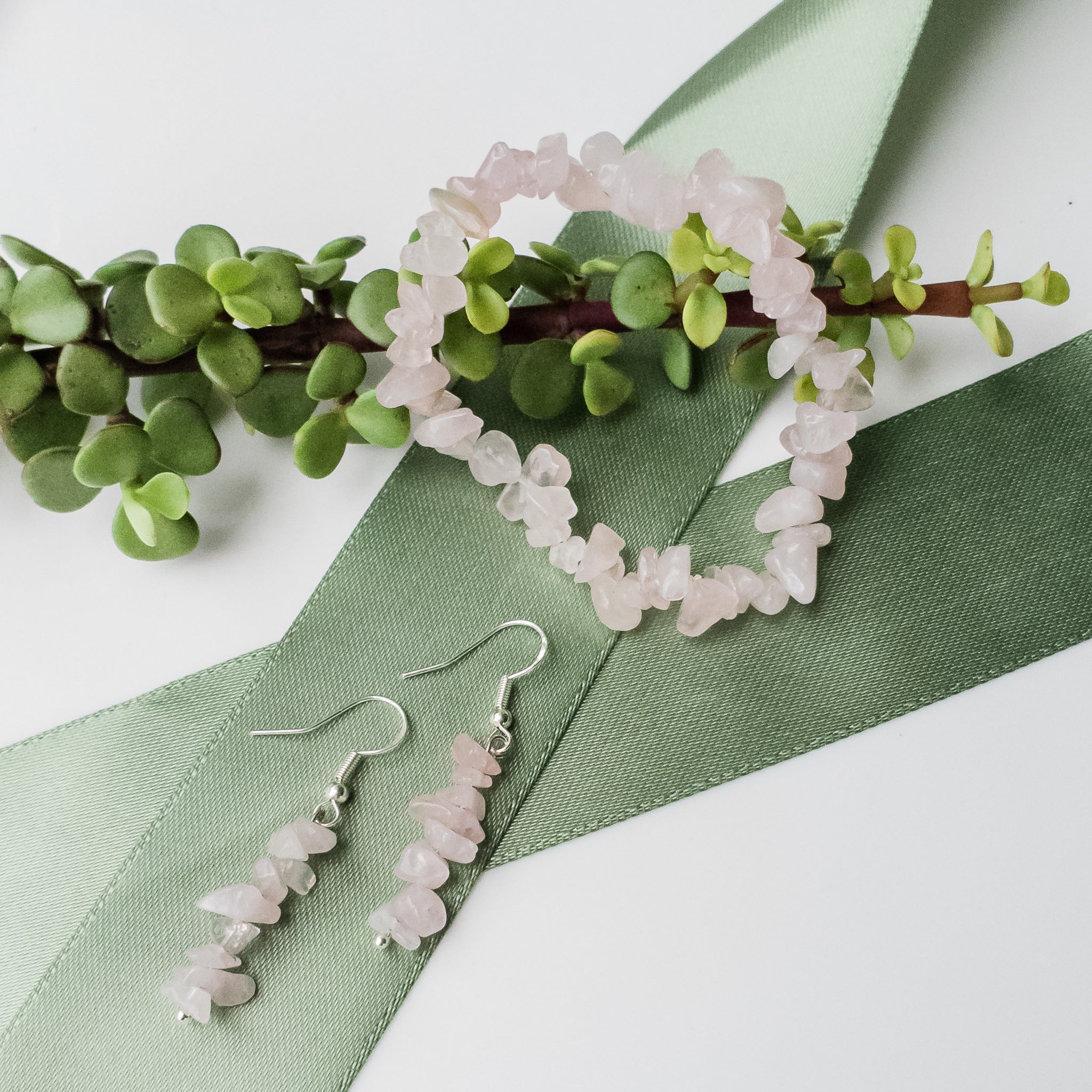 Magnolia Collection - Real Rose Quartz Bracelet and Earrings - Close-up View - BellaChel Jeweler