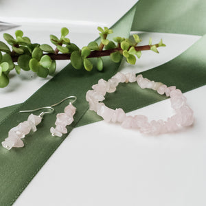 Close up view of Rose Quartz Bracelet and matching earrings - BellaChel Jeweler