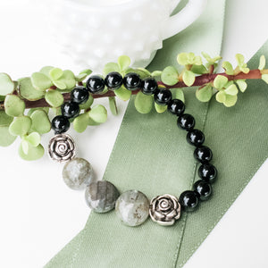 Labradorite and Black Obsidian with Flower Accent Bracelet