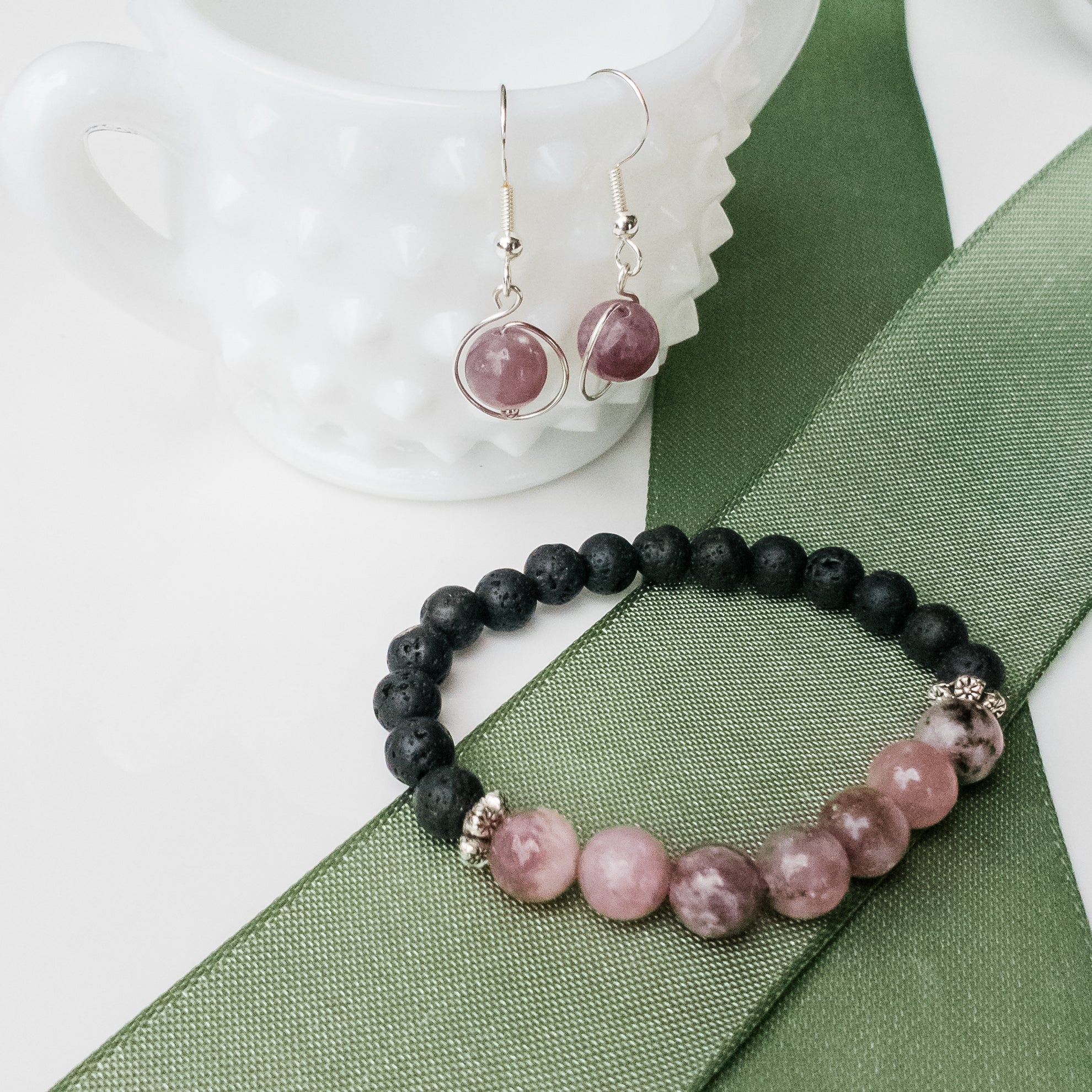 Beautiful Lavender Quartz and Lava Stone Bracelet shown with matching earrings, sold separately - BellaChel Jeweler