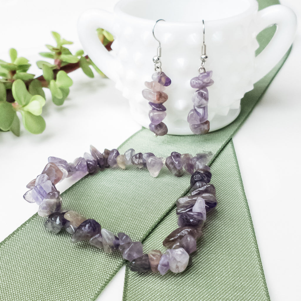 Magnolia Collection - Real Amethyst Bracelet and Matching Earrings - close up view - BellaChel Jeweler
