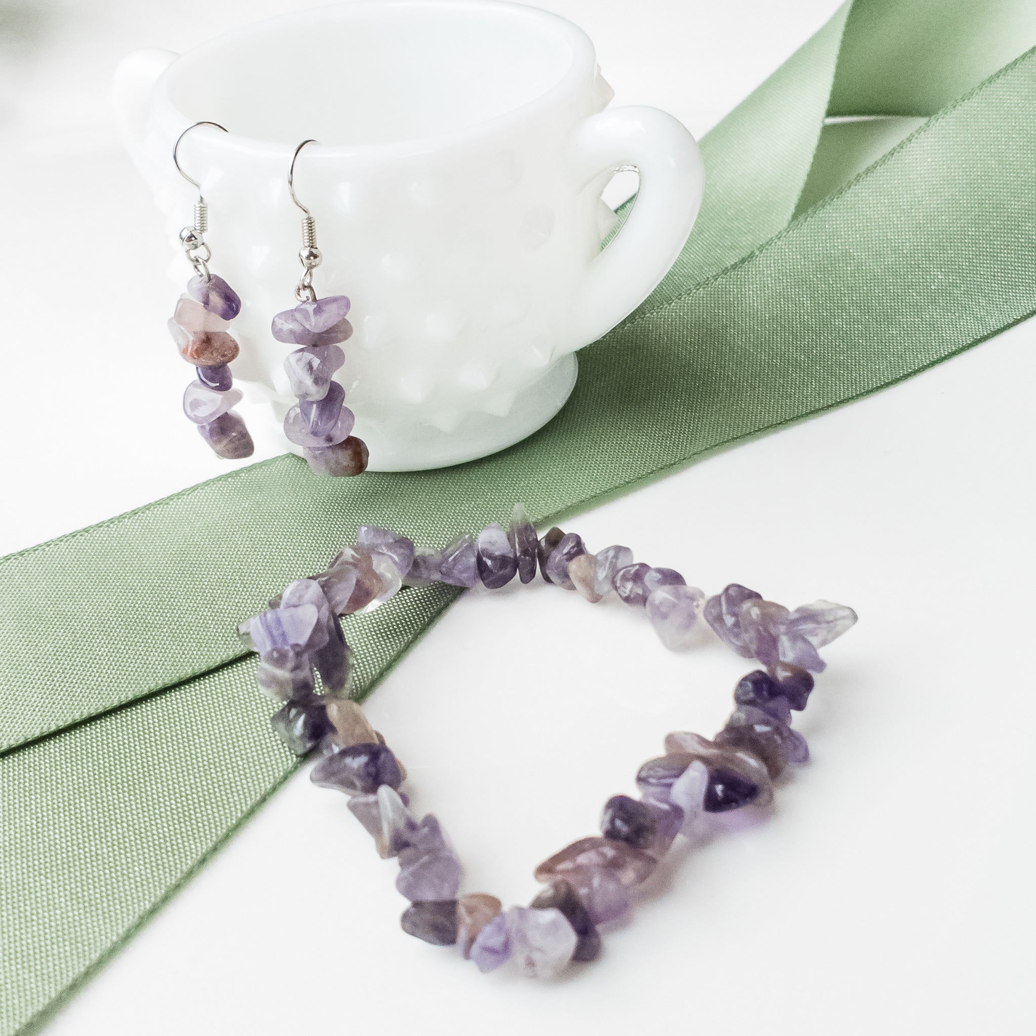 Magnolia Collection - Real Amethyst Bracelet and Matching Earrings - Close Up View - BellaChel Jeweler
