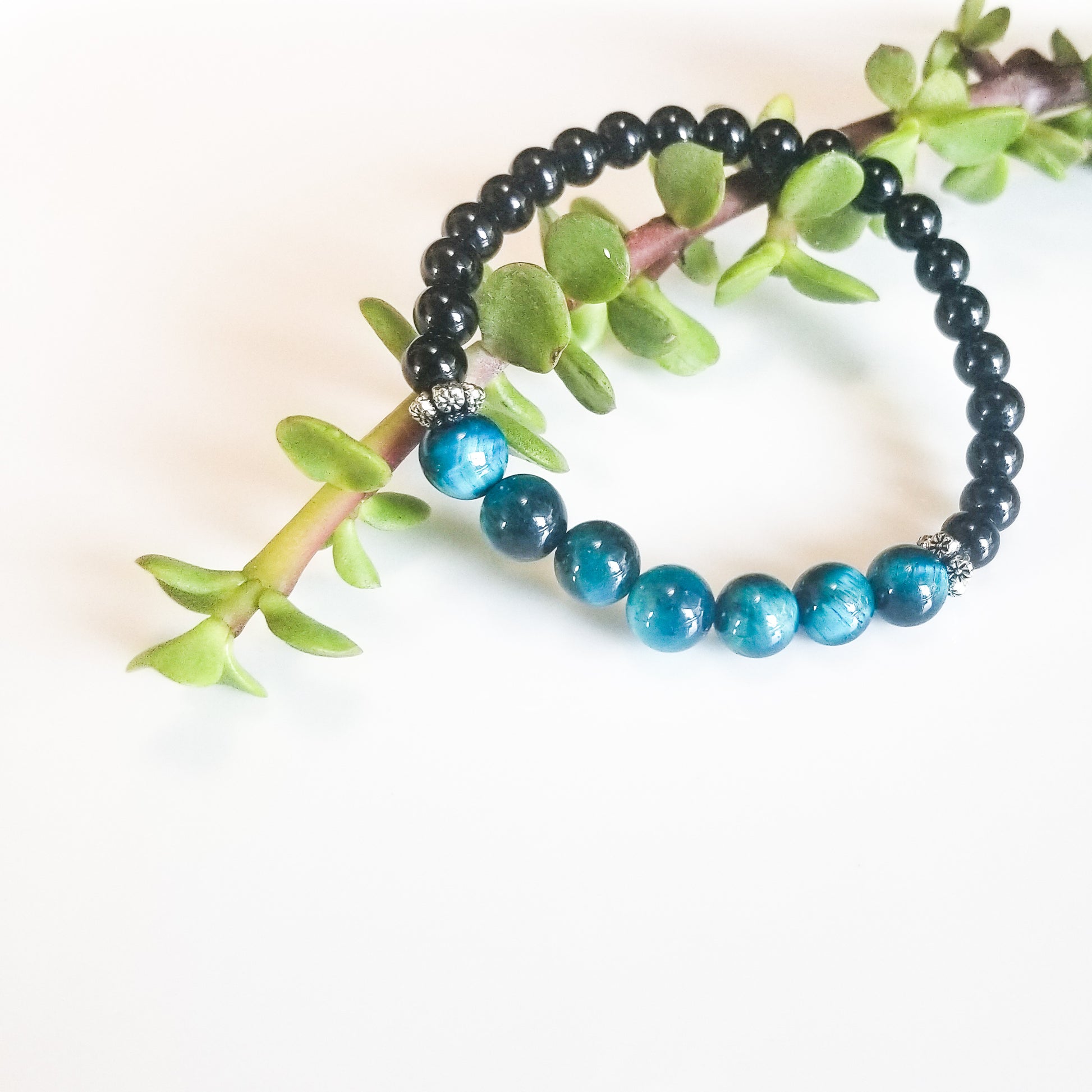 Stunning Blue Tiger Eye Bracelet with Black Onyx - close-up view - BellaChel Jeweler