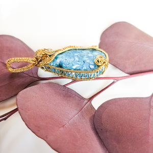 Laguna Collection - Stunning Blue Seashells Pendant in Bronze- side view of the weaving - BellaChel Jeweler