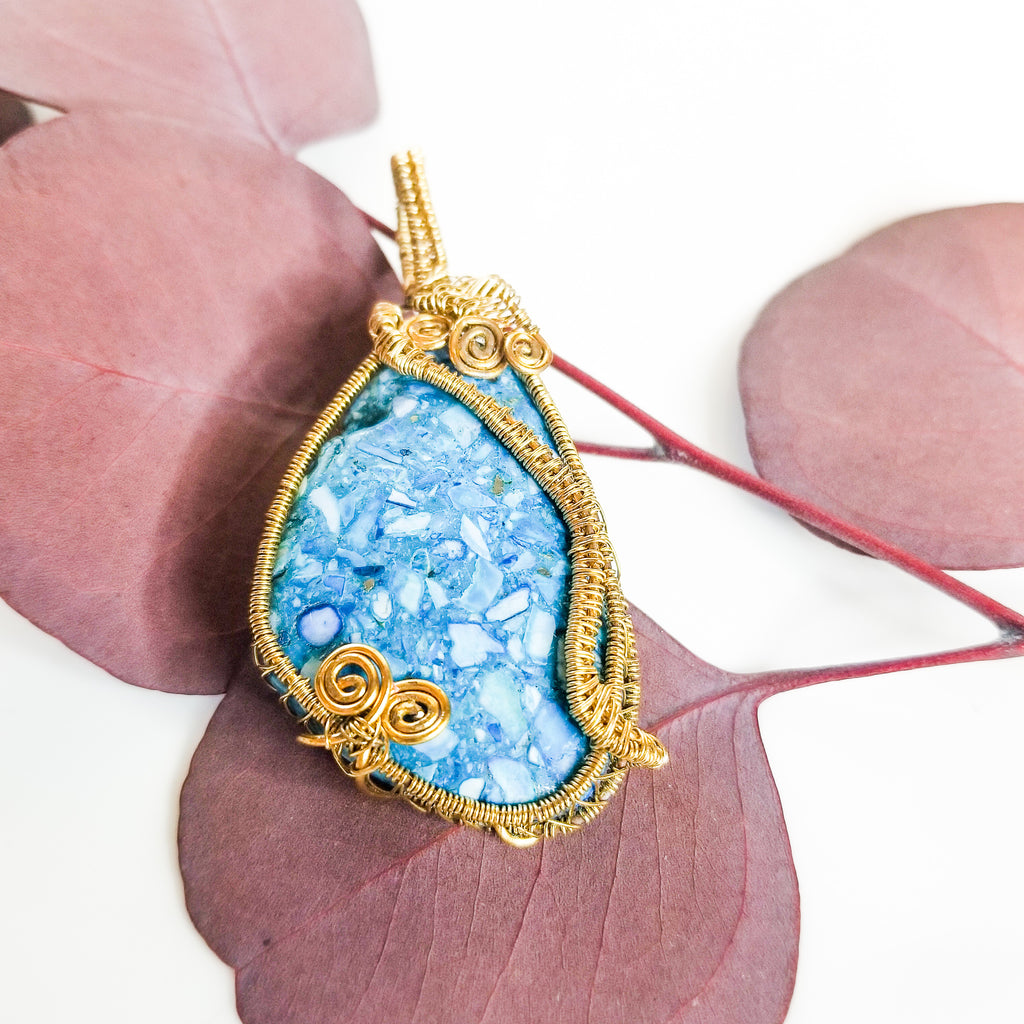 Laguna Collection - Stunning Blue Seashells Pendant in Bronze close up - BellaChel Jeweler