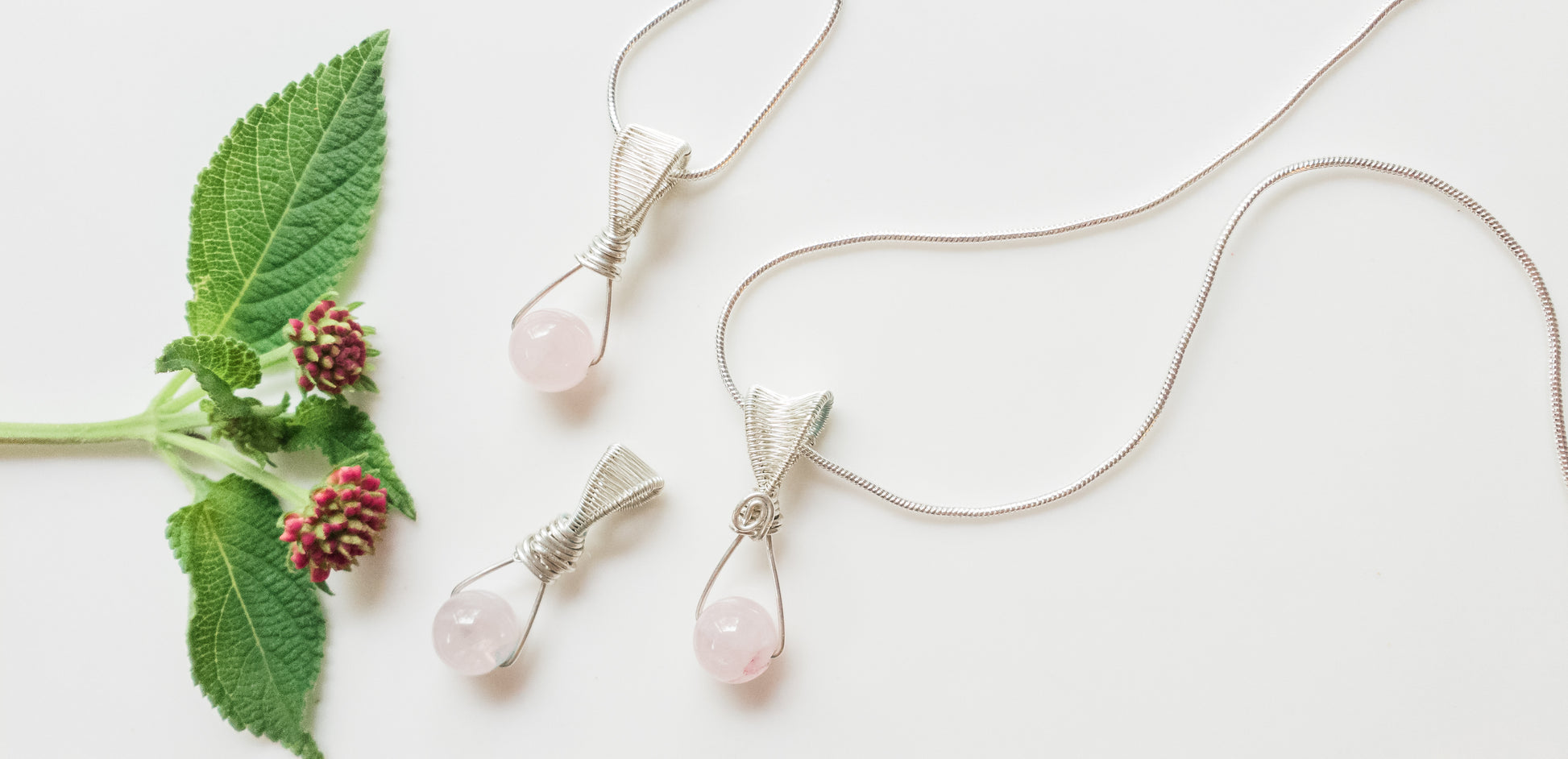 Signature Collection -Pictured 3 Natural Rose Quartz Pendant on Sterling Silver Chains, close-up view, sold separately - BellaChel Jeweler
