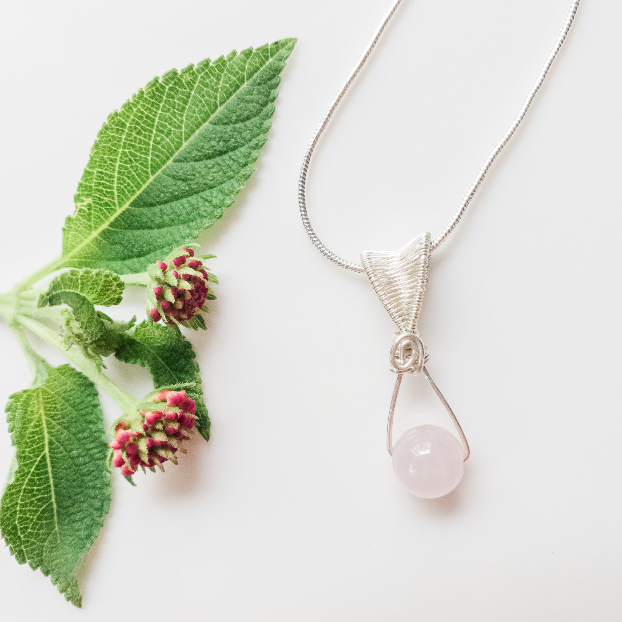 Signature Collection - Natural Rose Quartz Pendant on Sterling Silver Necklace Style B pictured up close - BellaChel Jeweler