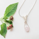 Load image into Gallery viewer, Signature Collection - Natural Rose Quartz Pendant on Sterling Silver Necklace Style B pictured up close - BellaChel Jeweler
