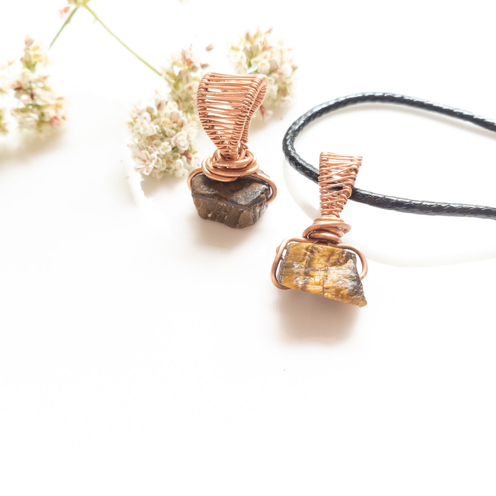 Viking Collection - Raw Tigers Eye Nugget in Copper - close up view of 2 pendants, sold separately - BellaChel Jeweler