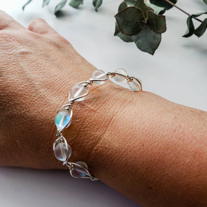 Quartz, iridescent wire wrapped bracelet, silver/BellaChel Jeweler