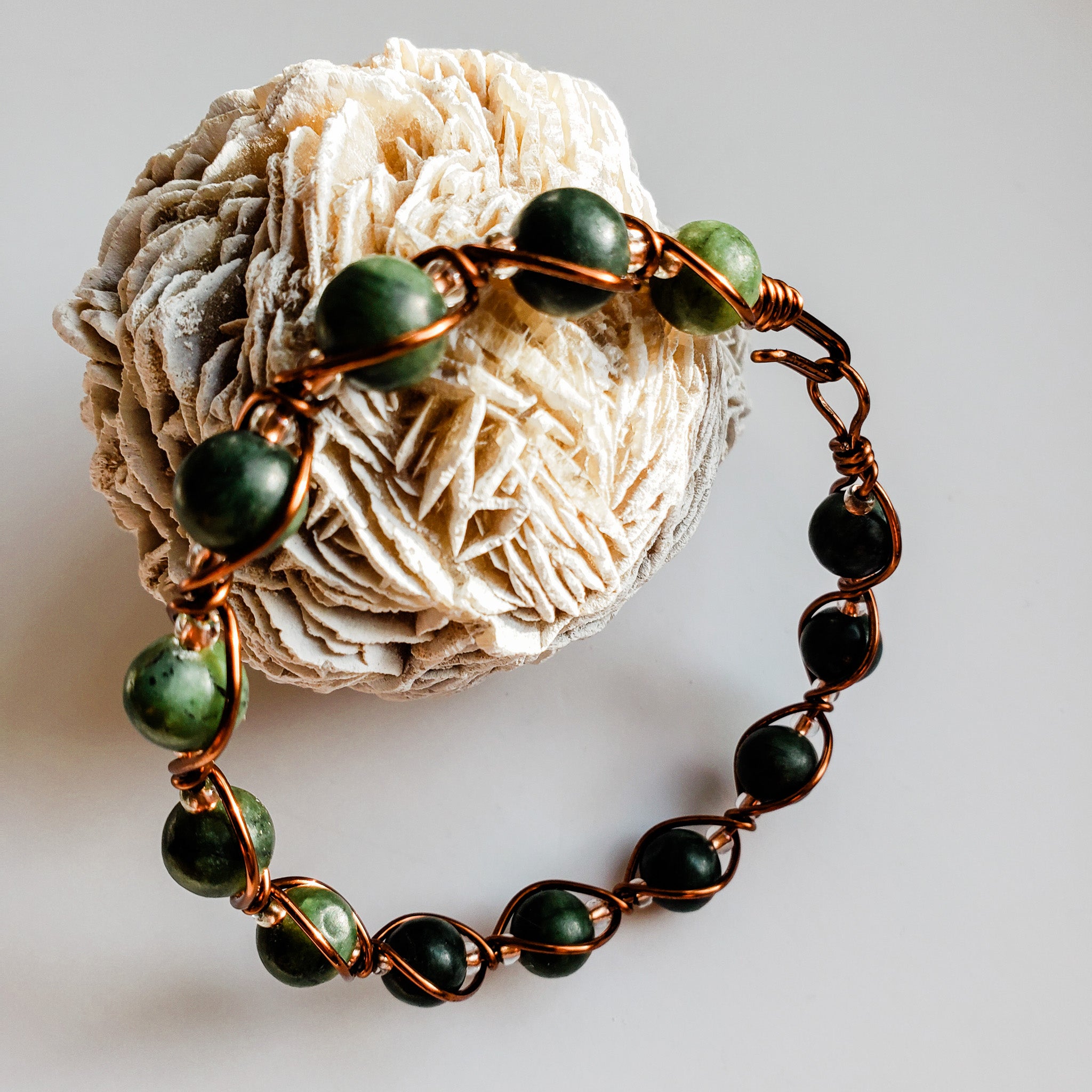 Dark Green Jade in Antique Copper Wire Wrapped Bracelet