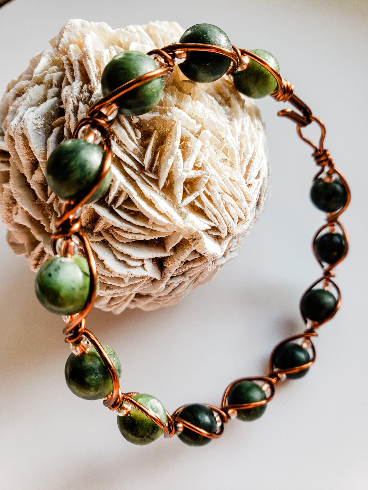 Dark Green Jade in Antique Copper Wire Wrapped Bracelet