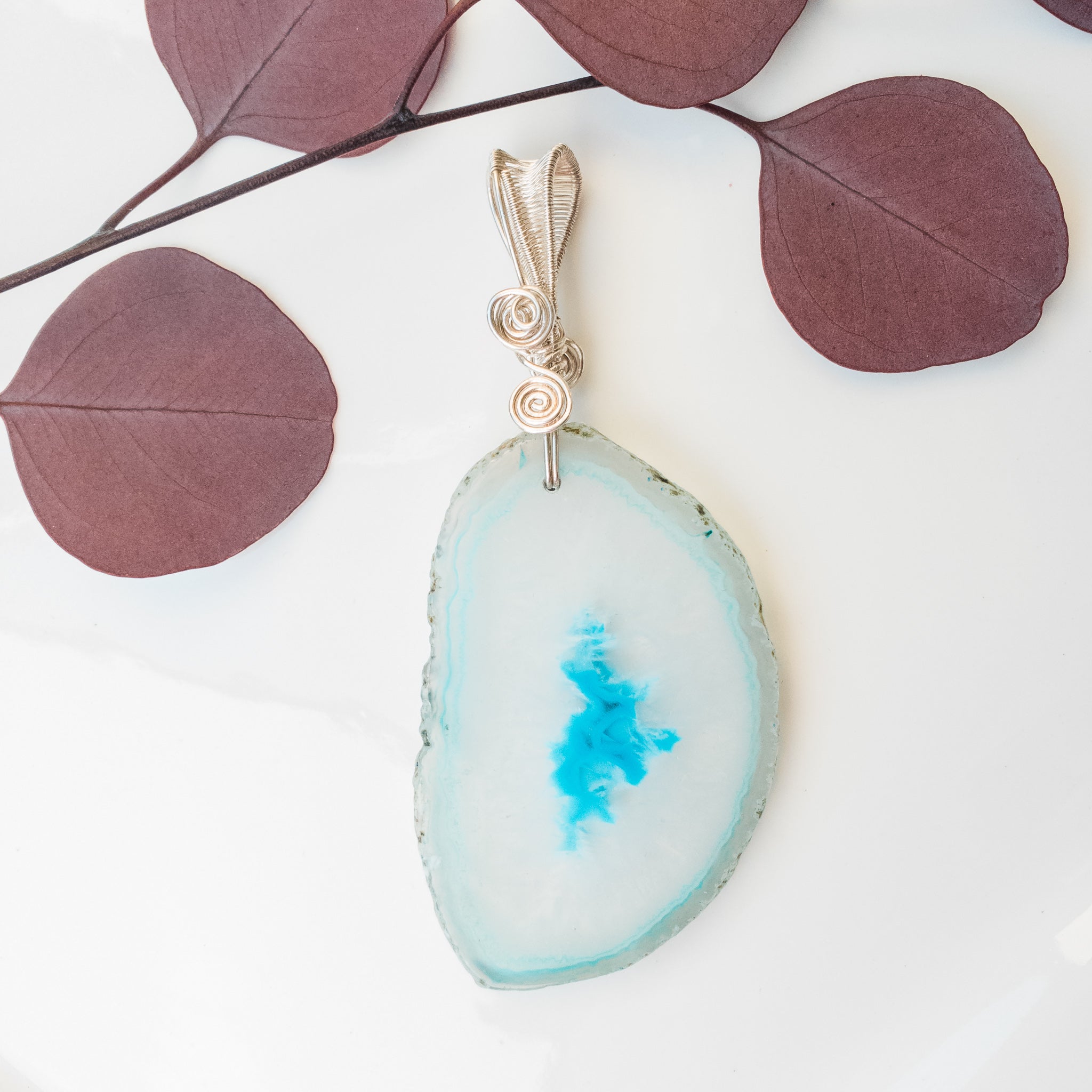 Rio Collection - Stunning Statement Aqua Blue Geode Pendant in Sterling Silver ~ One-of-a-Kind - close-up front view - BellaChel Jeweler