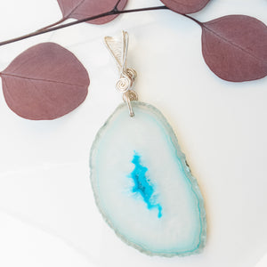 Rio Collection - Stunning Statement Aqua Blue Geode Pendant in Sterling Silver - Back side view - BellaChel Jeweler