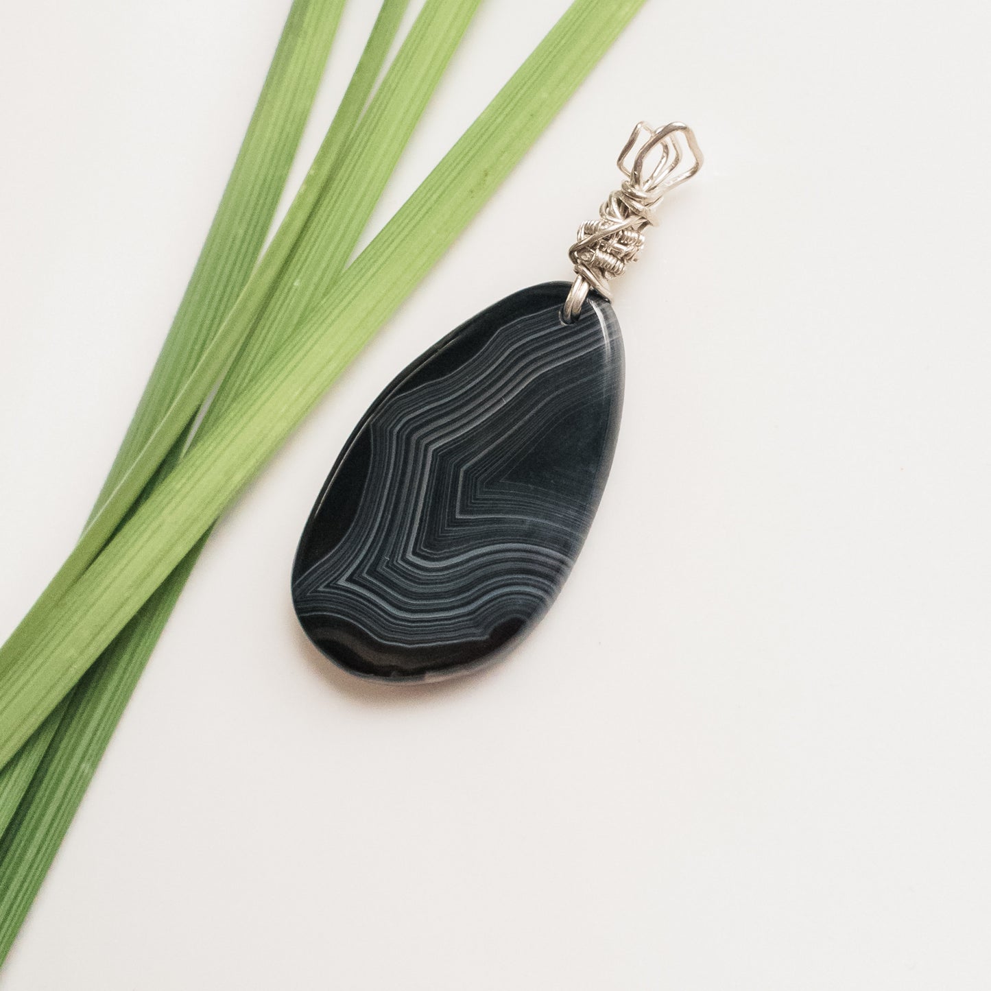 Large Black N White Onyx Pendant in Sterling Silver - front view - BellaChel Jeweler