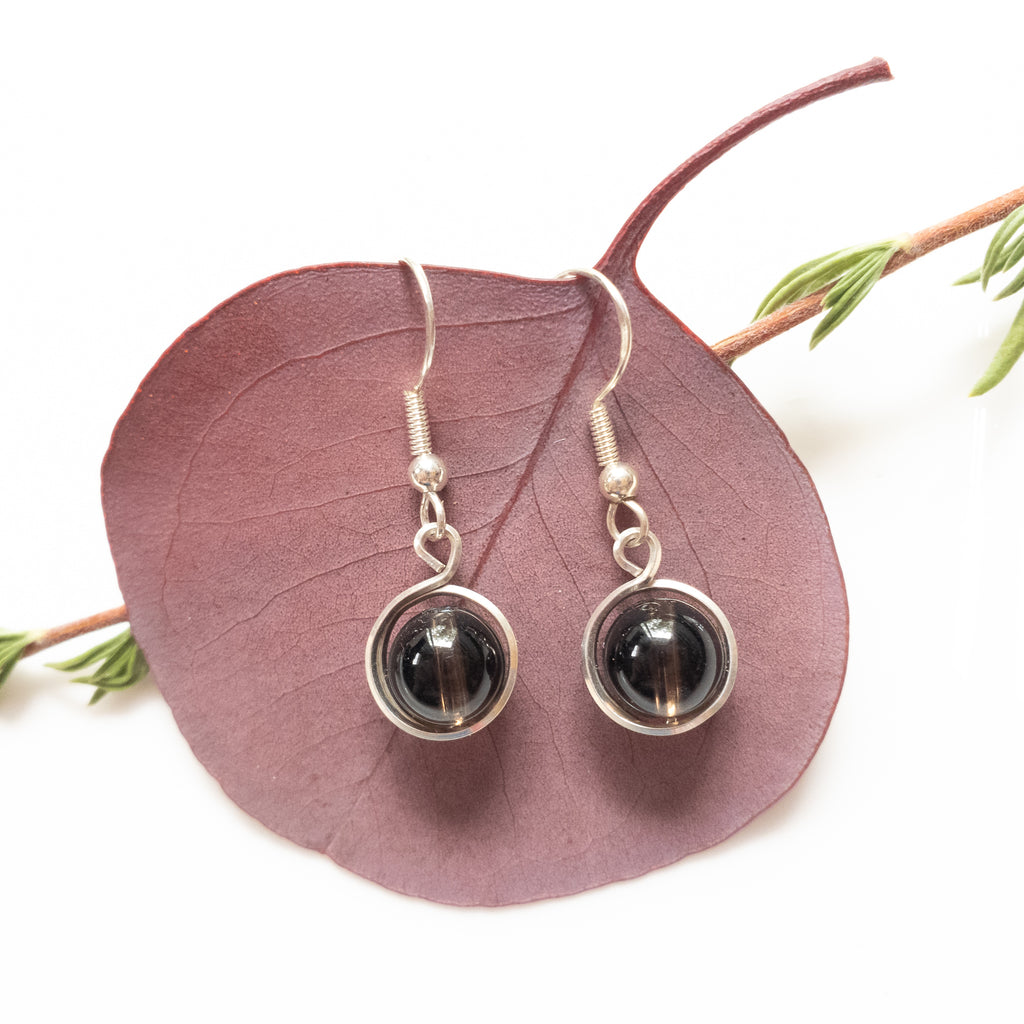 Signature Collection - Smoky Quartz Earrings wrapped in Sterling Silver - Close-up View - BellaChel Jeweler