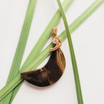 Cargar imagen en el visor de la galería, Viking Collection -Real Tiger Eye Crescent Moon in Gold Bronze, 2N1 design - back side view - BellaChel Jeweler
