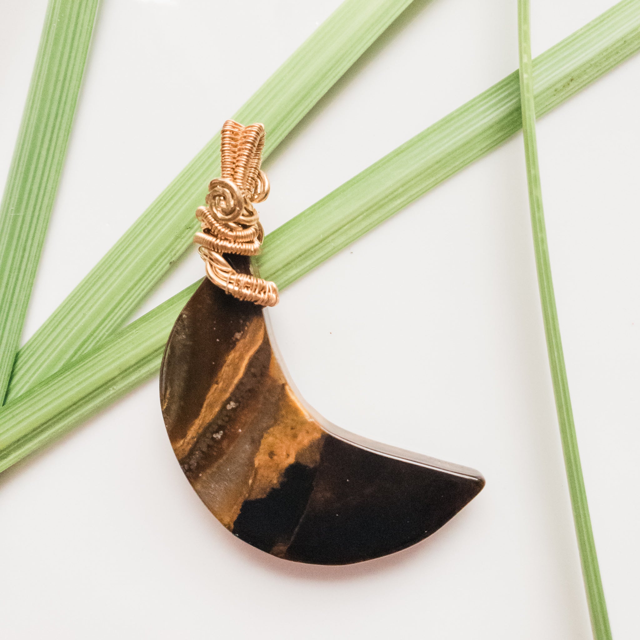 Real Tiger Eye Crescent Moon designed to be worn on both sides- front view - BellaChel Jeweler