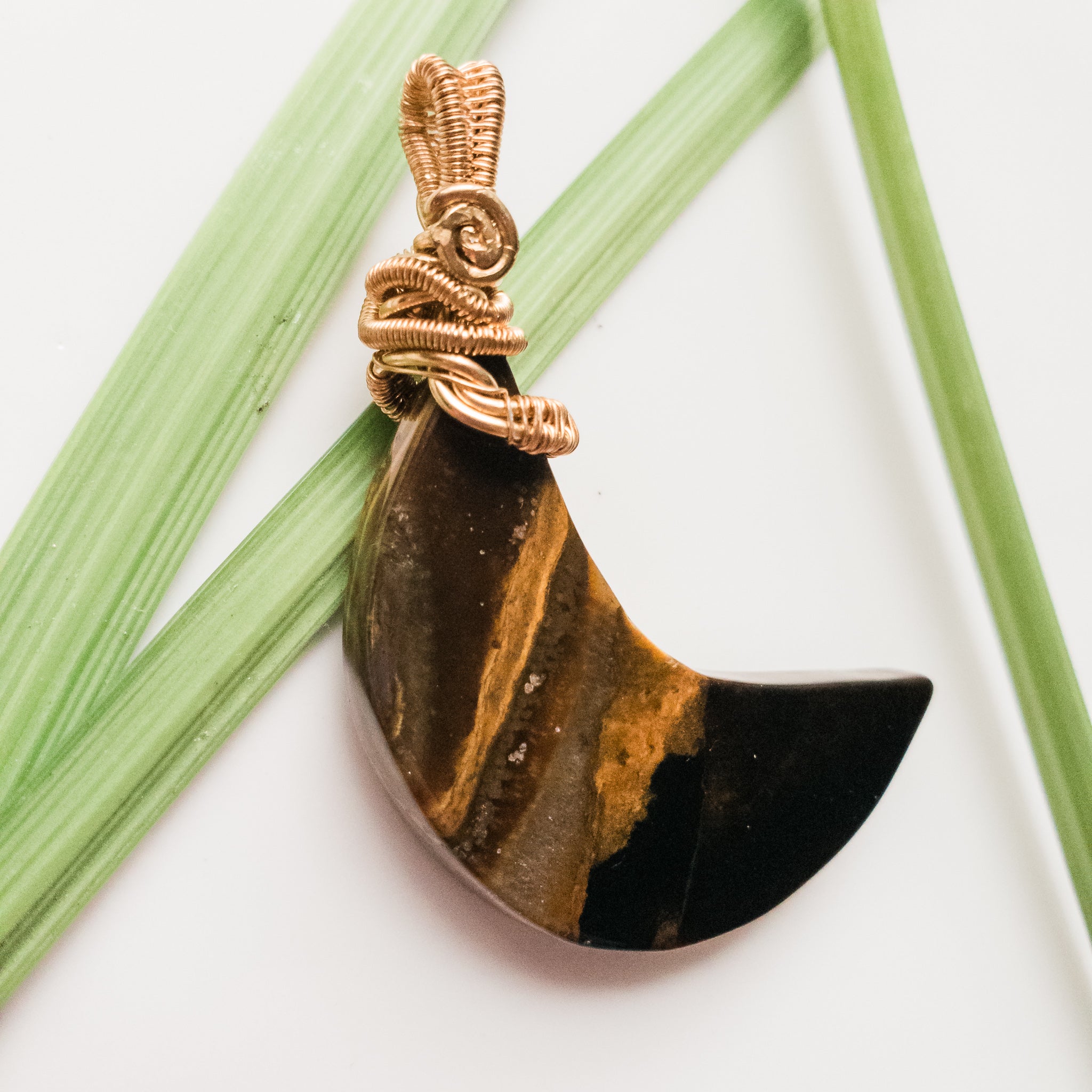 Viking Collection - Tiger Eye Crescent Moon in Gold Bronze - side front view - BellaChel Jeweler