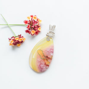 Rio Collection - Vibrant Yellow & Pink Geode Agate Pendant - close-up view - BellaChel Jeweler