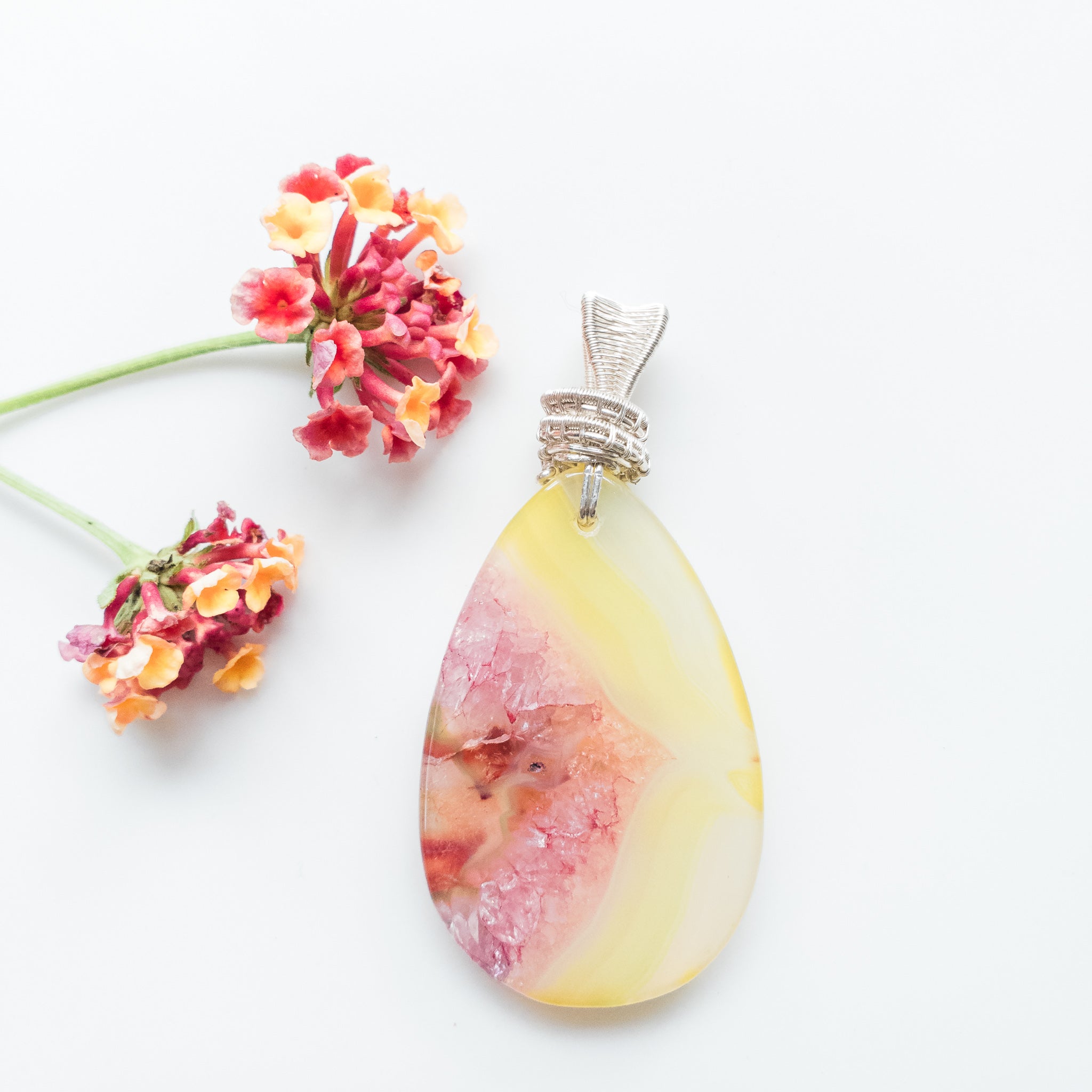 Rio Collection - Vibrant Yellow & Pink Geode Agate Pendant - back side view - BellaChel Jeweler